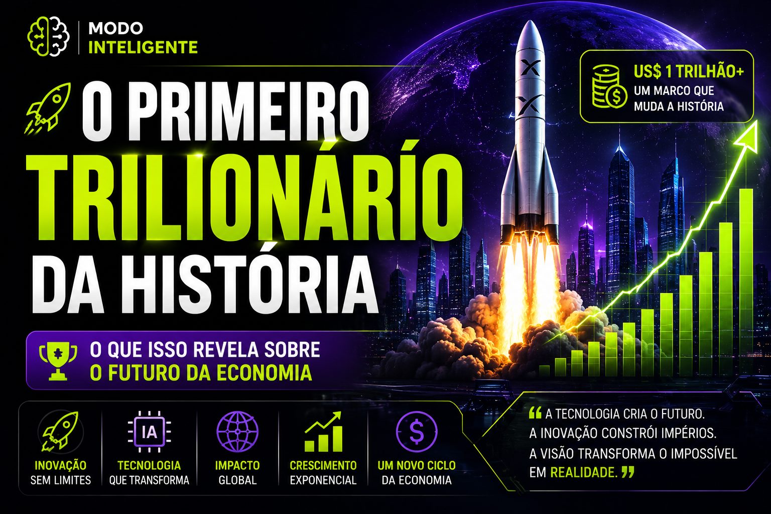Ilustração sobre Elon Musk, tecnologia e o futuro da economia global