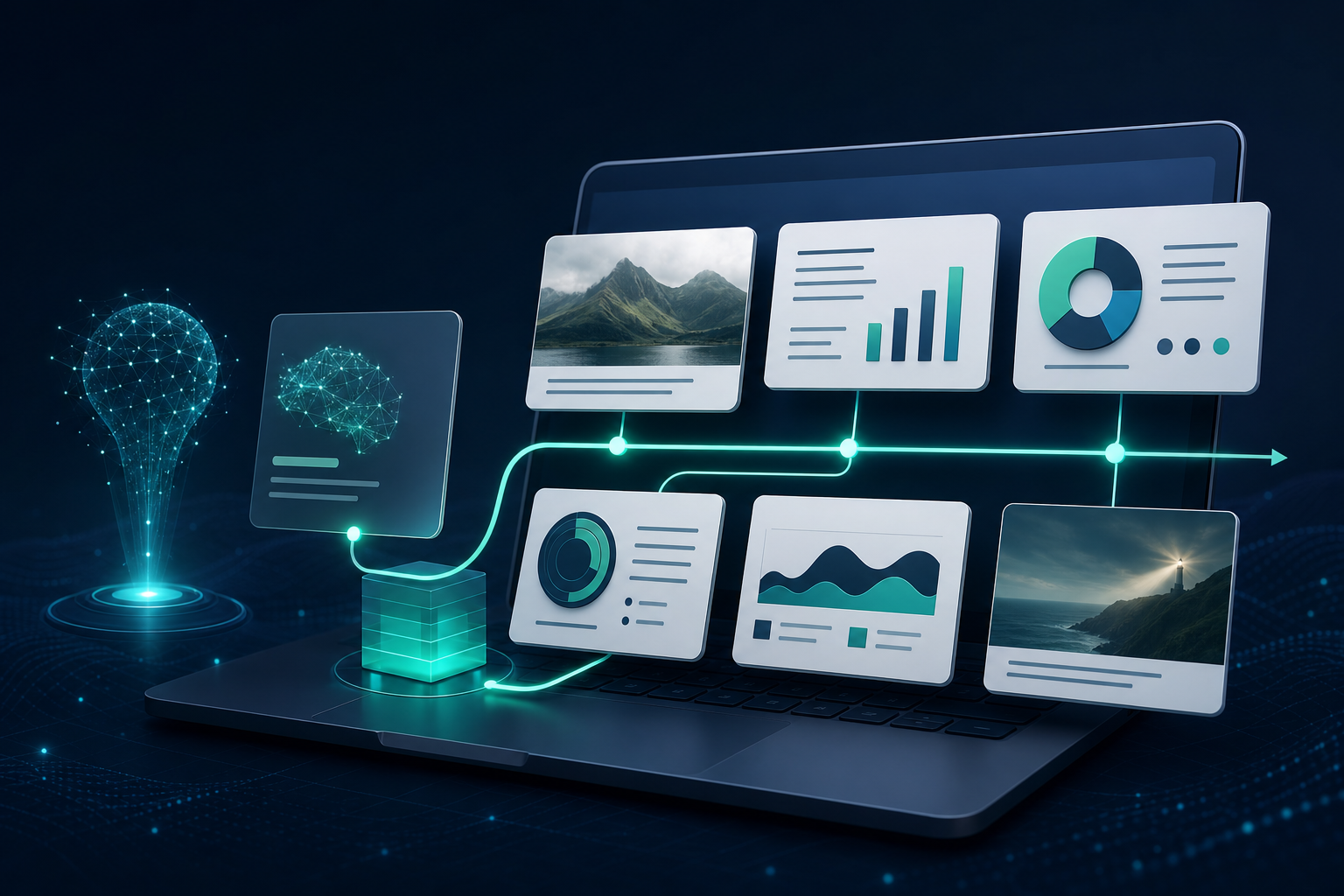 Fluxo de inteligência artificial organizando cartões de uma apresentação digital