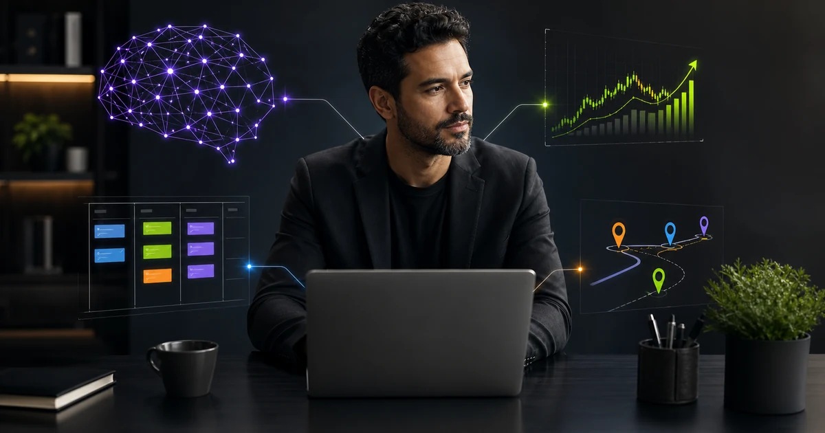 Profissional conectando inteligência artificial, finanças, produtividade e carreira em um ambiente digital