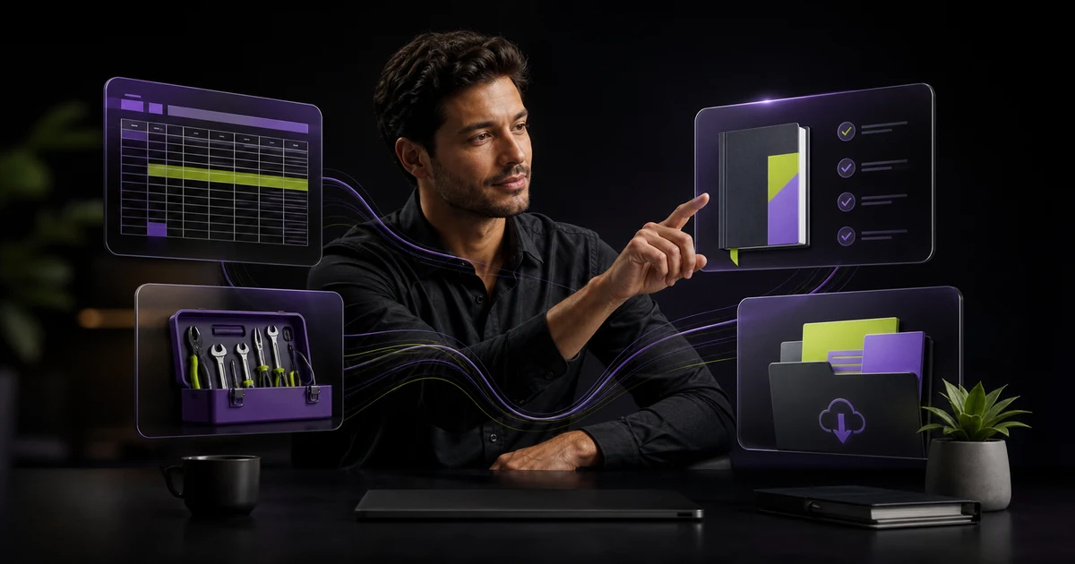 Profissional escolhendo entre planilhas, guias, ferramentas e recursos digitais do Modo Inteligente